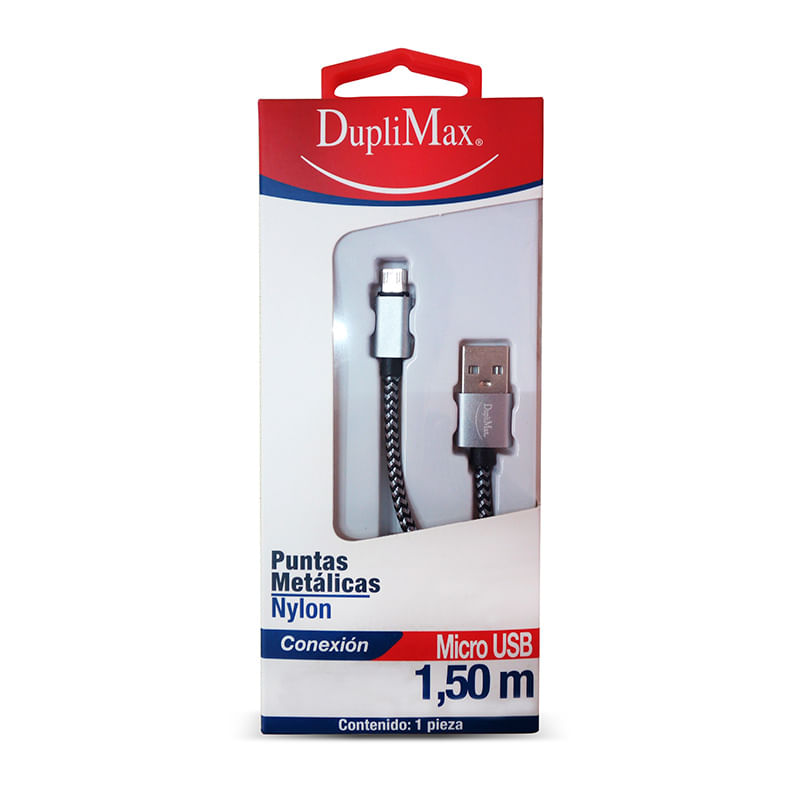 13853 - CABLE USB A MICRO USB  DE 1 5M, NYLON PLATA CON NEGRO
