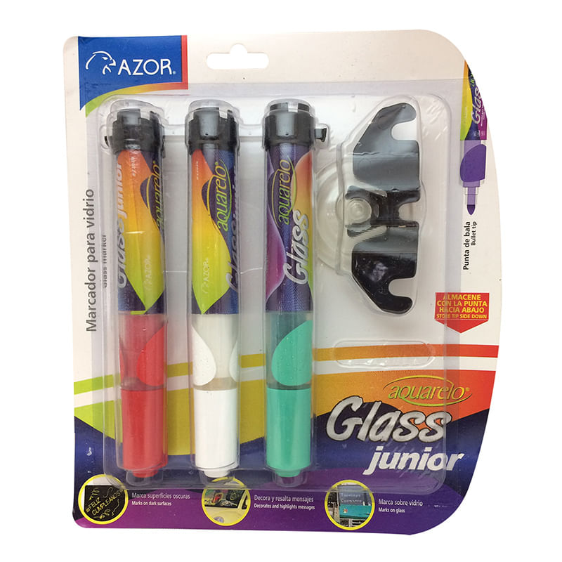 13810 - MARCADOR PARA VIDRIO R-V-B CON 3 AQUARELO GLASS JR