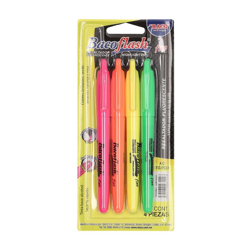 13553 - MARCADOR FLUORESCENTE SURTIDOS CON 4 PZAS BACOFLASH