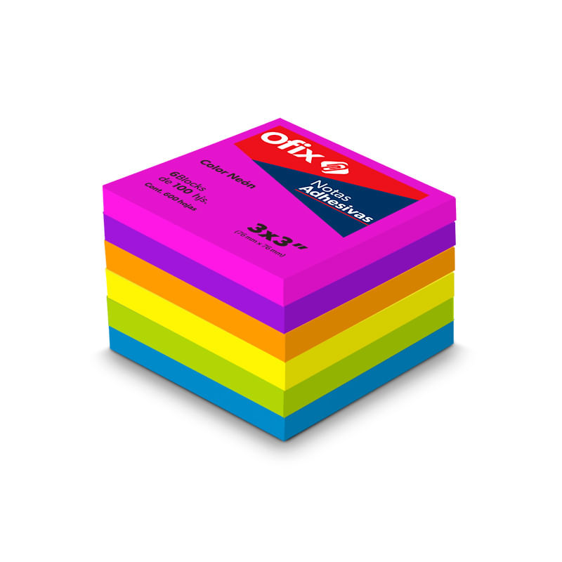 10443 - NOTAS ADHESIVAS OFIX 3X3 NEON C/100H PAQUETE CON 6
