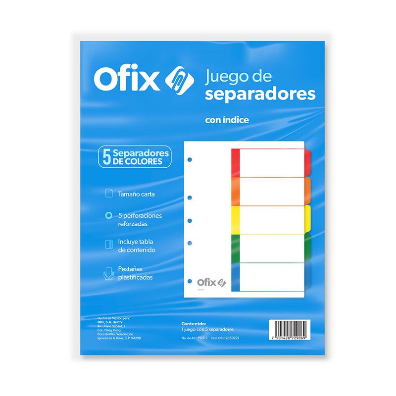 10491 - SEPARADOR OFIX 5DIV COLORES