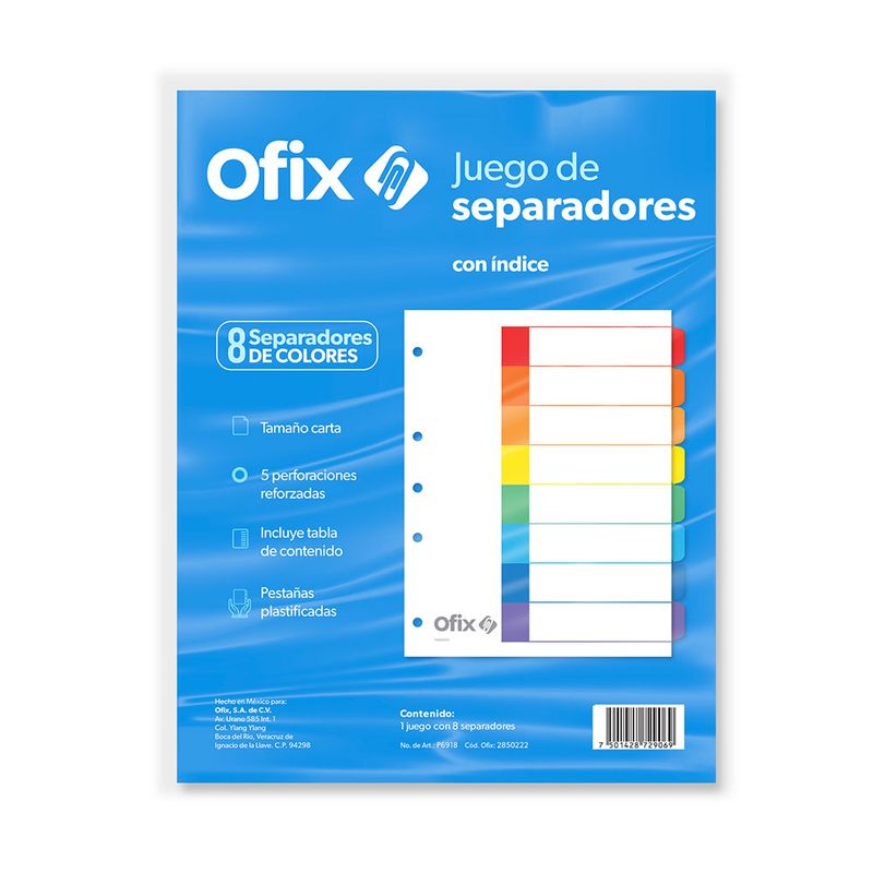 10532 - SEPARADOR OFIX 8DIV COLORES