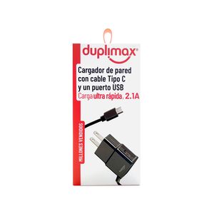 Cargador De Pared 1 Puerto Usb,  2.1A Con Cable Usb Tipo C Negro 309011