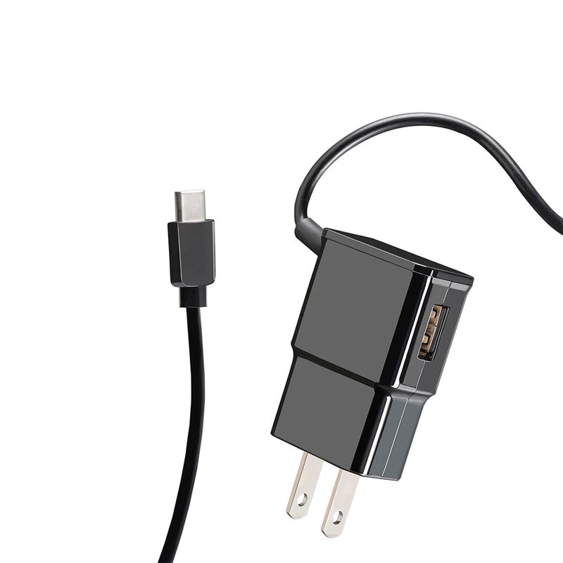 1031 - CARGADOR DE PARED 1 PUERTO USB,  2 1A CON CABLE USB TIPO C NEGRO