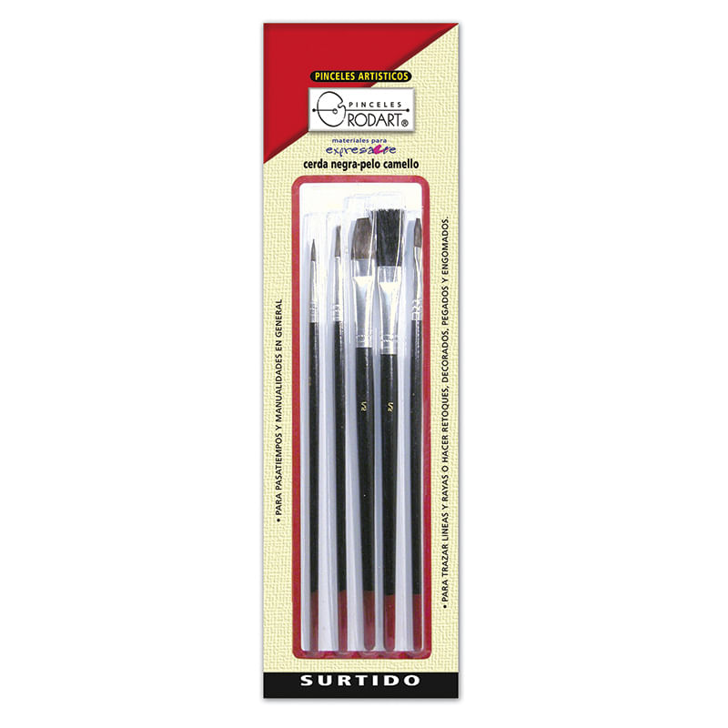 14751 - PINCEL PLASTICO SURTIDO PUNTA PLANA CON 5 (No  2-4-1/2-1/2-1/4) ROJO BLT