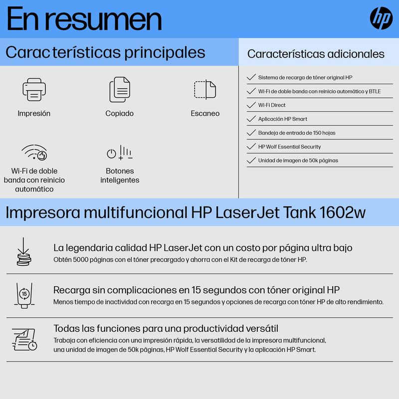 43923 - Multifuncional HP LaserJet Tank MFP 1602w Monocromática Láser
