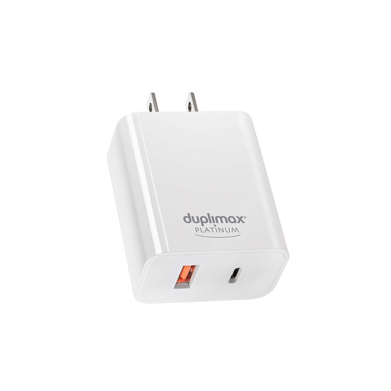 46557 - CARGADOR DE PARED 1 PUERTO USB Y 1 PUERTO USB TIPO C, 20W BLANCO