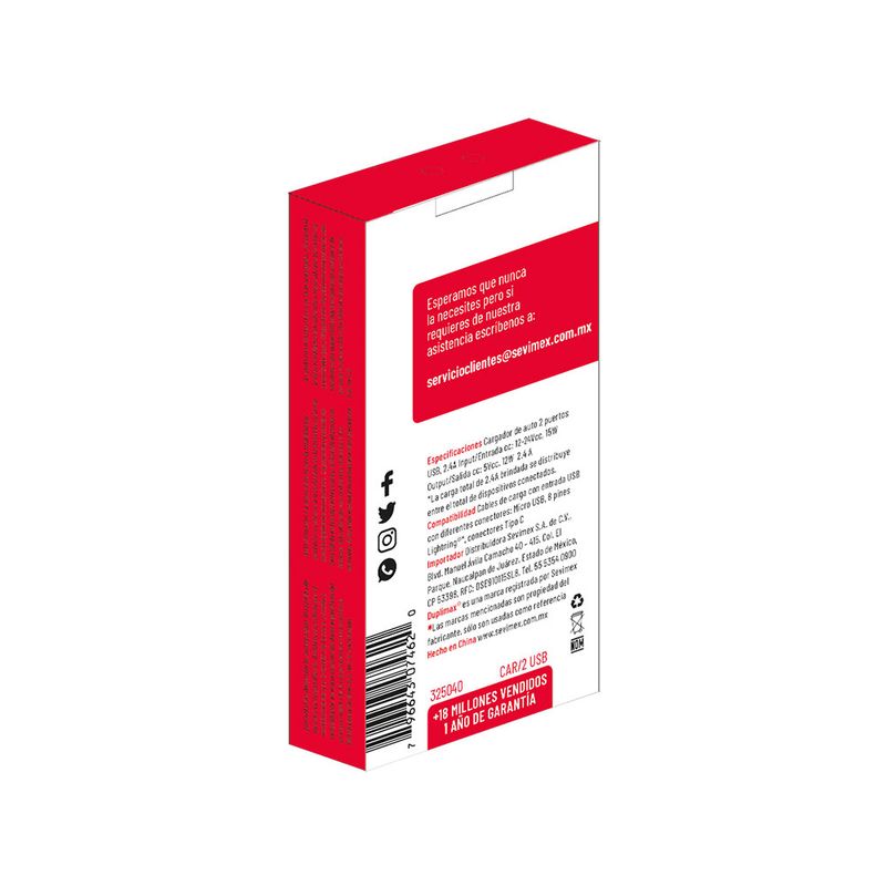 49608 - CARGADOR PARA AUTO 2 PUERTO USB 2 4 AMPER, NEGRO