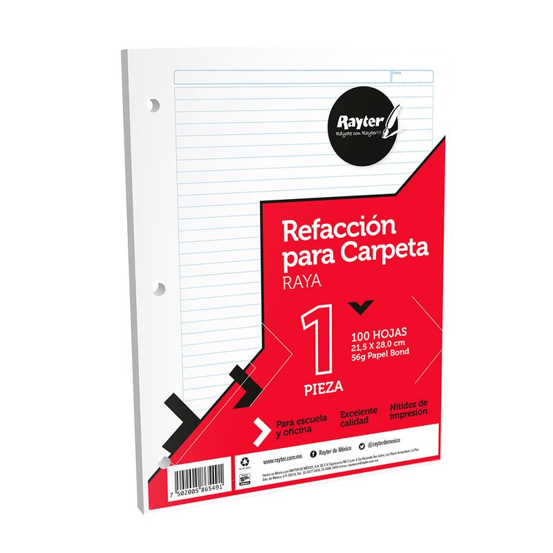 48573 - HOJAS PARA CARPETA CARTA 100H RAYAS RAYTER