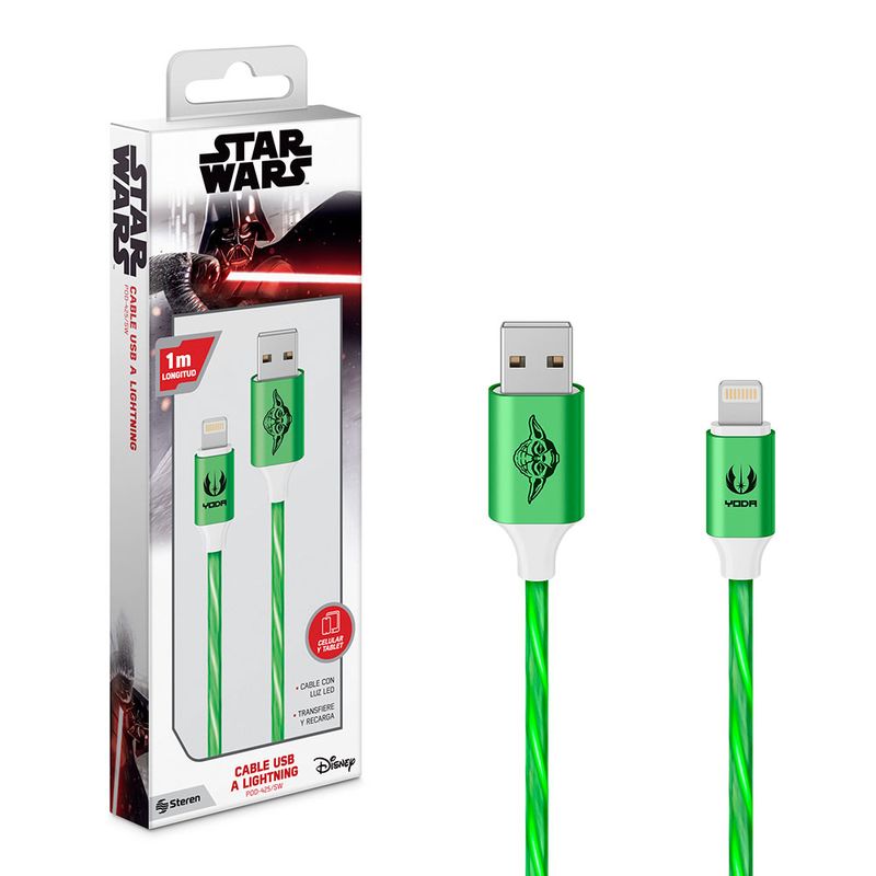 51794 - CABLE USB A LIGHTNING CON LUZ LED DE 1 M, STAR WARS VERDE/ROJO