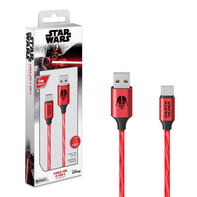 51798 - CABLE USB A USB C CON LUZ LED DE 1 M, STAR WARS VERDE/ROJO