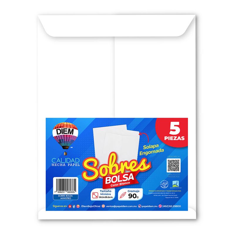 51343 - SOBRE BOLSA BLANCO 90G MINISTRO (LEGAL) C/5 PZAS