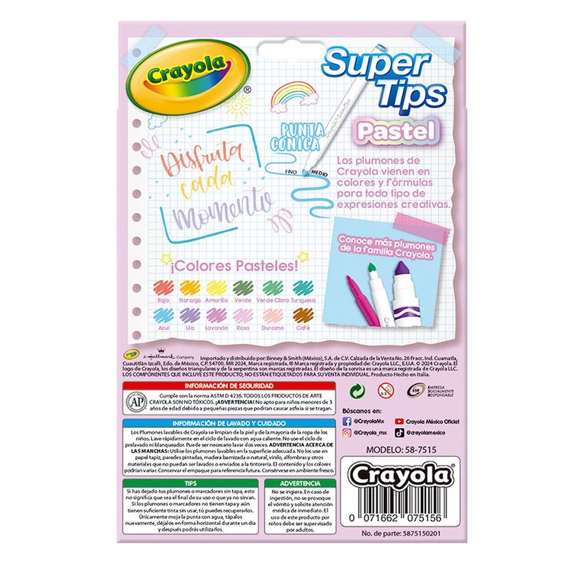 52199 - PLUMONES DELGADOS COLORES PASTEL CON 12 - CRAYOLA