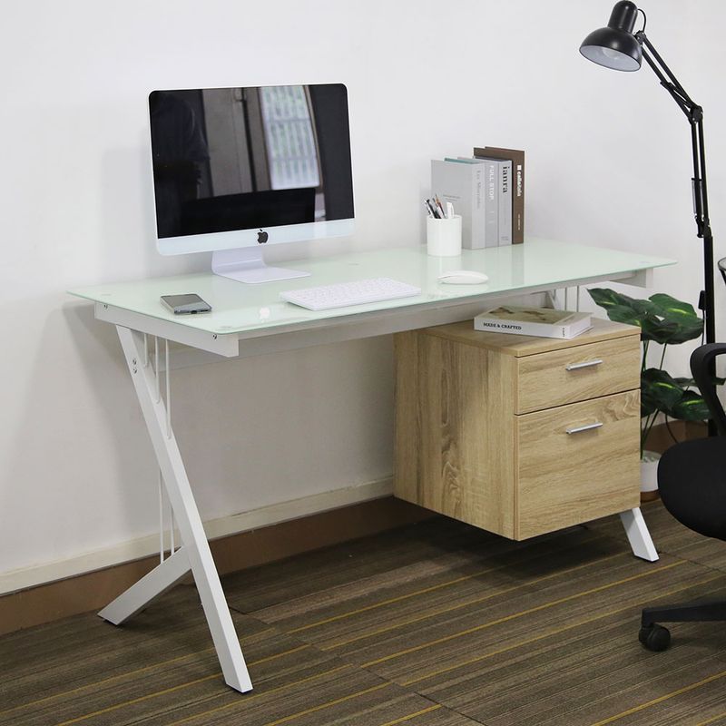 ESCRITORIO BASICO CON CUBIERTA DE CRISTAL BLANCO Y 1 ARCHIVERO COLGANTE MAPLE