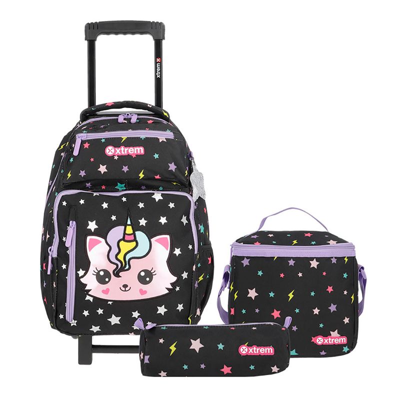 53232 - PACK DE MOCHILA CON RUEDAS LONCHERA Y LAPICERA XTREM BLACK CAT