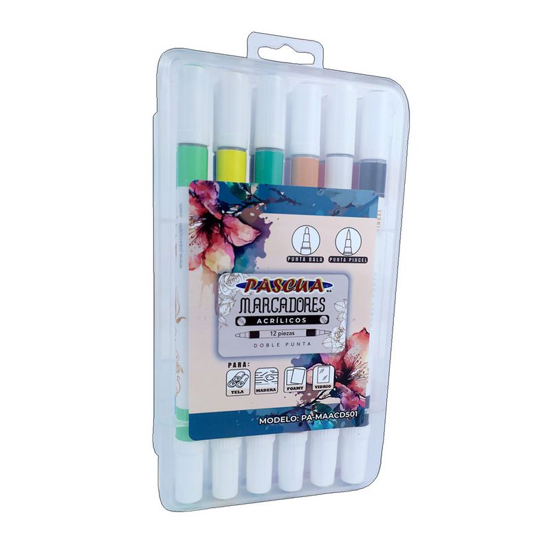 52723 - MARCADOR ACRÍLICO DELGADO DOBLE PUNTA PINCEL/BALA C/12 PZAS PASCUA
