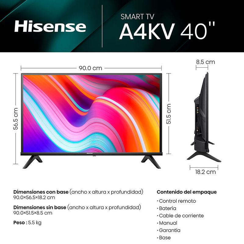 55236 - PANTALLA LED HISENSE A4K 40" FHD (1920 X 1080), SMART TV VIDAA, WI-FI, 2 HDMI, 1 USB