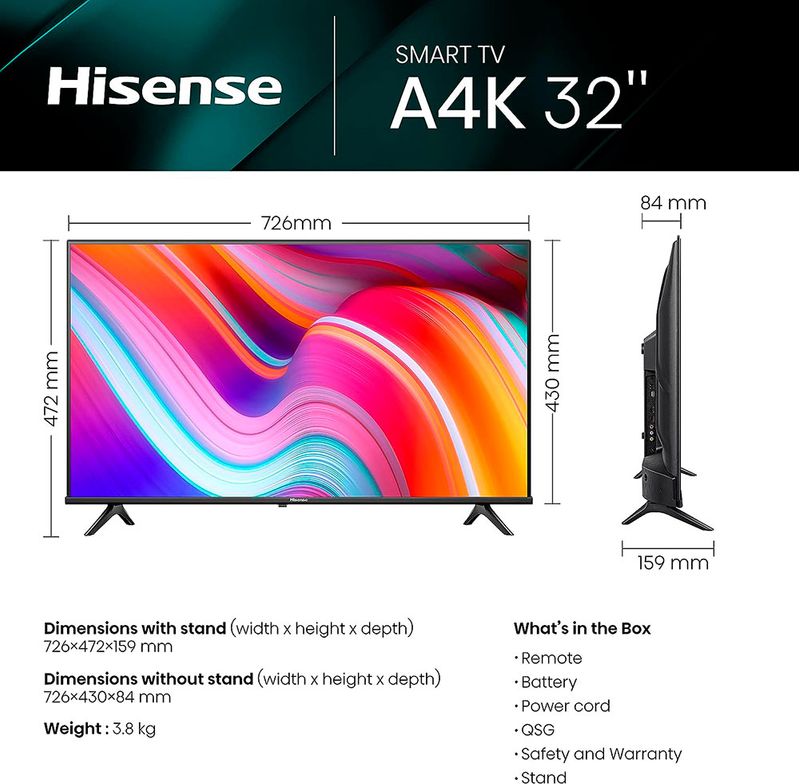55505 - PANTALLA SMART  TV LED 32" HISENSE VIDAA HD (1366X768) WIFI HDMI USB 60HZ