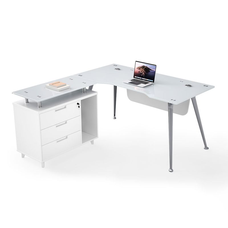 ESCRITORIO DE CRISTAL EN L SOBRE CREDENZA BLANCO 140 MTS