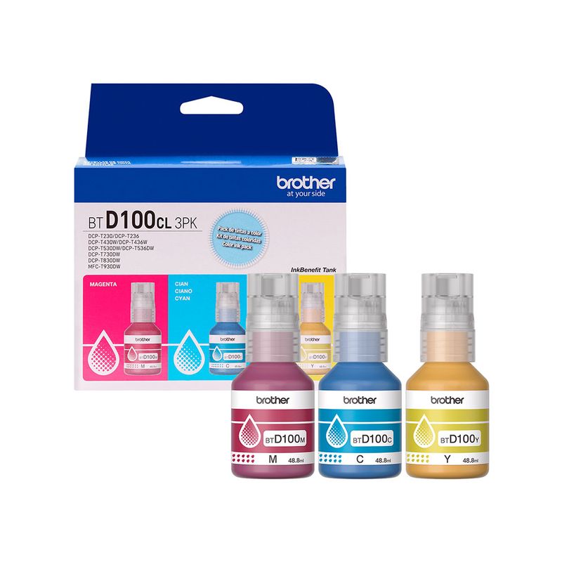 COMBO DE 3 BOTELLAS DE TINTA BROTHER BT5001 CIAN, MAGENTA Y AMARILLO