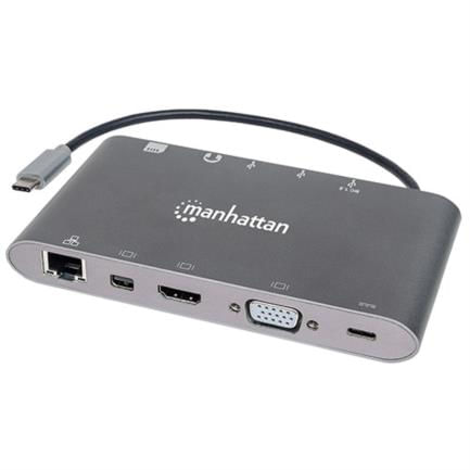 33752 - Estación Docking Manhattan USB-C a HDMI/DPmini/SVGA/RJ45/3 5mm Super Velocidad Color Gris