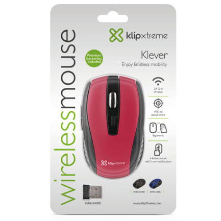 64887 - Mouse inalambrico Klip Xtreme ergonomico Klever KMW-340RD 6 botones Conexion USB 2 4 GHz 1000/1200/1600 DPI Color Rojo
