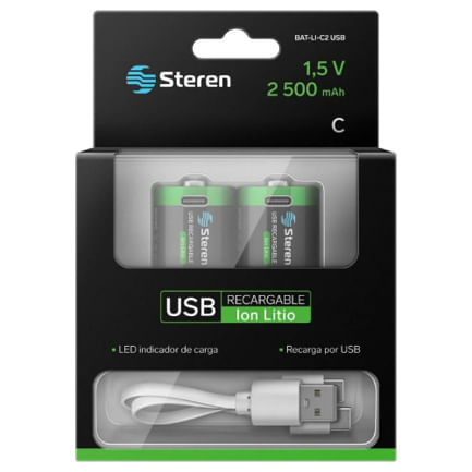 64977 - Paquete de Baterías Steren Li-ion Recargables USB-C 1 5Vcc 2500mAh