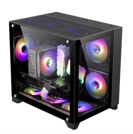 64453 - Gabinete Game Factor CSG570 mATX Fishtank Doble Cristal Templado USB 2 0/3 0 120mm Color Negro