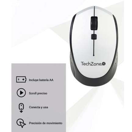 64986 - Mouse Óptico TechZone Inalámbrico 800 a 1600 DPI Ajustable 4 Botones Ambidiestro Win/MAC Color Plata