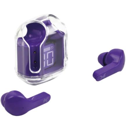 71002 - Audífonos Inalámbricos Perfect Choice TWS Estuche Transparente ClearBeat con Indicador de Carga Color Morado