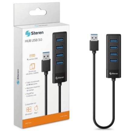 71712 - Hub Steren USB 3 0 de 4 Puertos Cable 12 5cm Color Negro