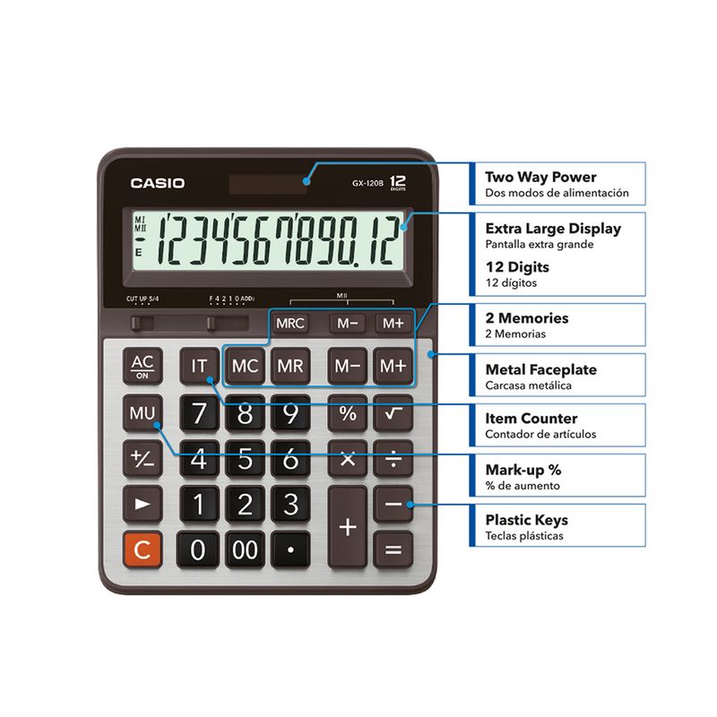 76657 - CALCULADORA ESCRITORIO CASIO GX-120B 12DIG GRANDE SOLAR/BATERIA