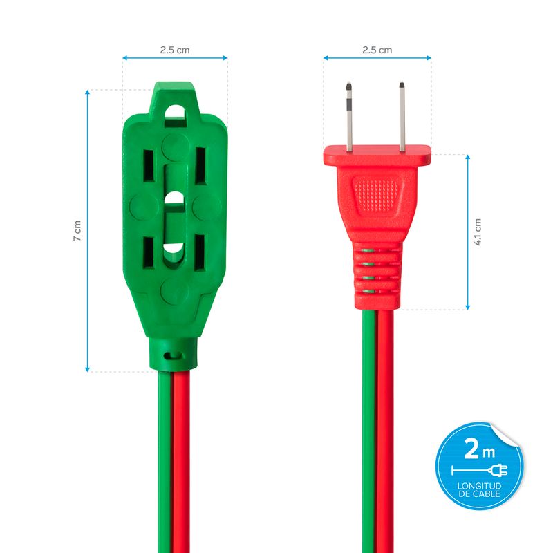 78224 - EXTENSION ELECTRICA DOMESTICA DE 2 MTS STEREN, 3 ENTRADAS, VERDE-ROJO